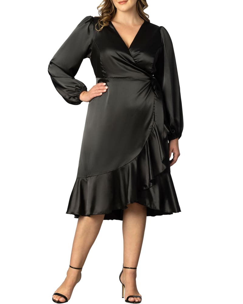 Front of a model wearing a size 2X Serena Satin Ruffle Wrap Dress in ONYX by Kiyonna. | dia_product_style_image_id:316572